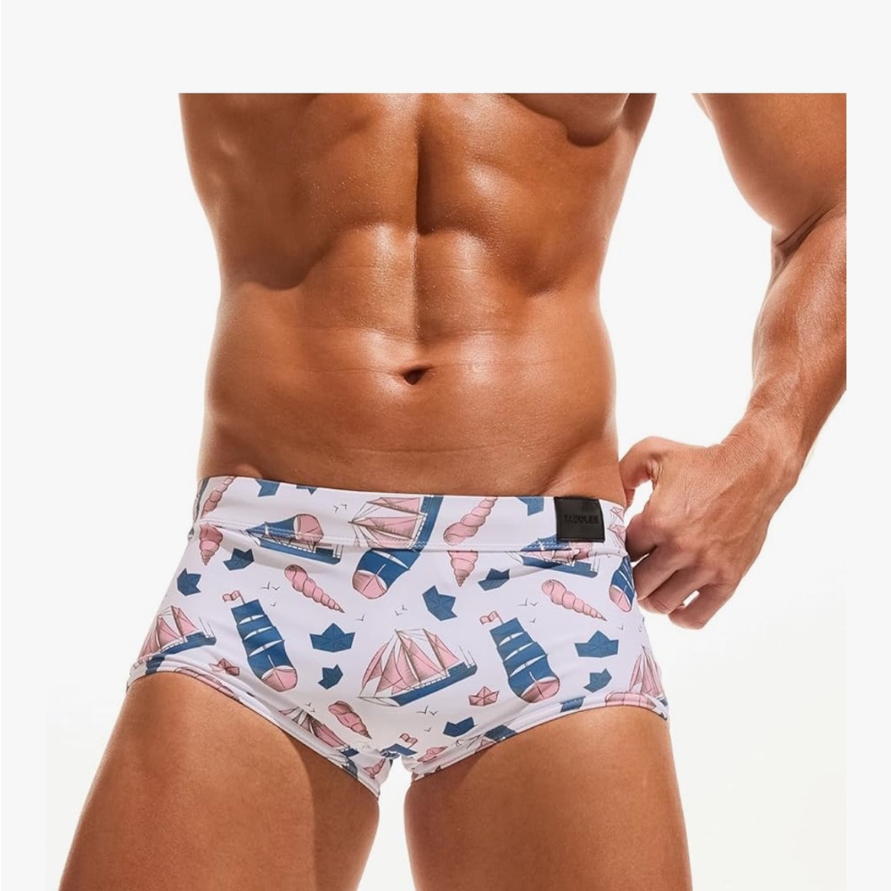 Men's Nautical Print Swim Briefs in White with Pink & Blue Accents